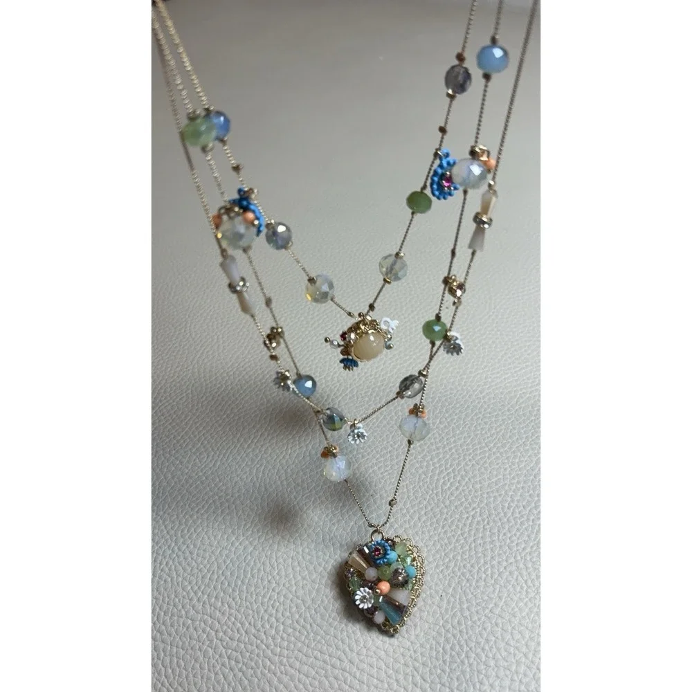 Betsey Johnson Layered Gold Charm Necklace Multi Strand Colorful Pendant EUC